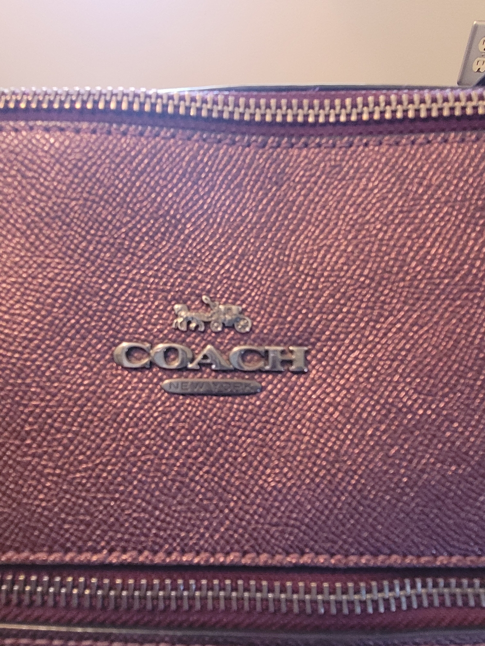 Coach Saffiano Metallic Deep Wine Textured Leather Zip Tote - Picture 2 of 8